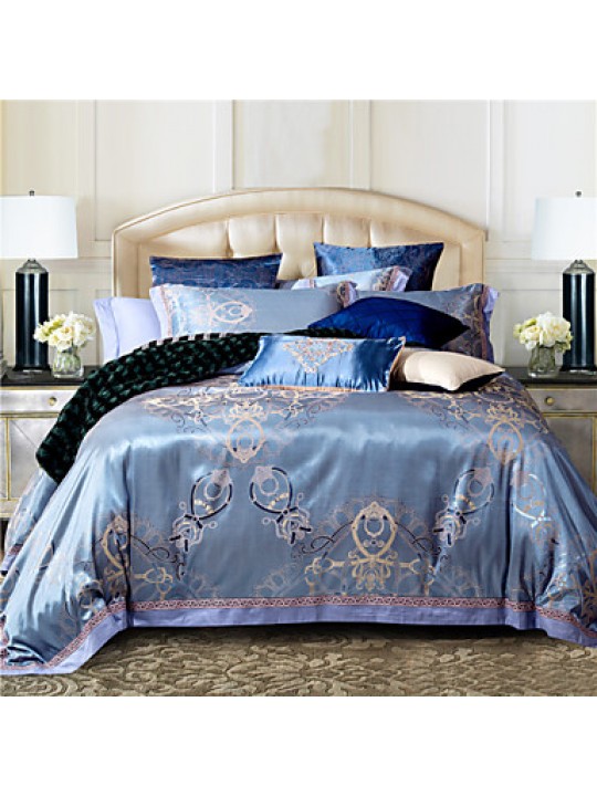 100% Cotton & Silk Blue Rome Style Jacquard Duvet Cover Set 4 Pcs Full Queen Size