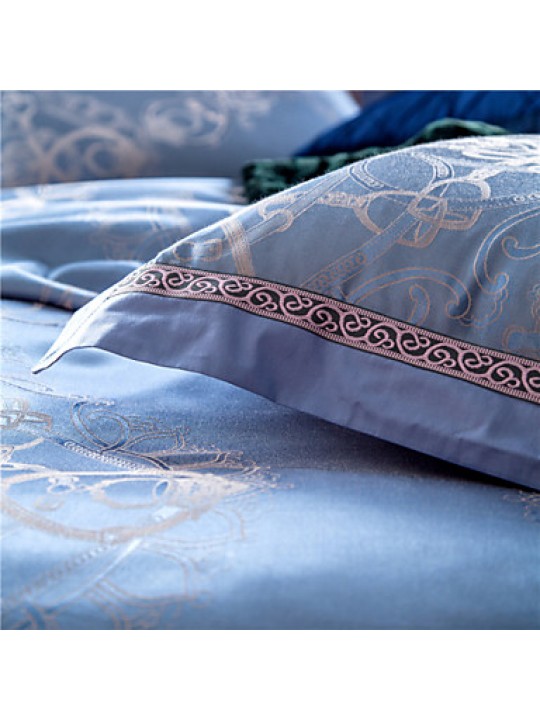 100% Cotton & Silk Blue Rome Style Jacquard Duvet Cover Set 4 Pcs Full Queen Size